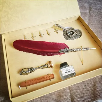 Customize Gift Box Vintage Metal Curved Natural Turkey Feather Pen Set with 5 nibs, pen stand, Wax, Name Seal, Quil
Customize Gift Box Vintage Metal Curved Natural Turkey Feather Pen Set with 5 nibs, pen stand, Wax, Name Seal, Quil