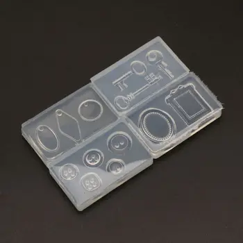 4Pcs Handmade Key Pendant Gemstone Button Frame Geometric Shape UV Epoxy Resin Silicone Mold Kit Jewelry Making Tools
