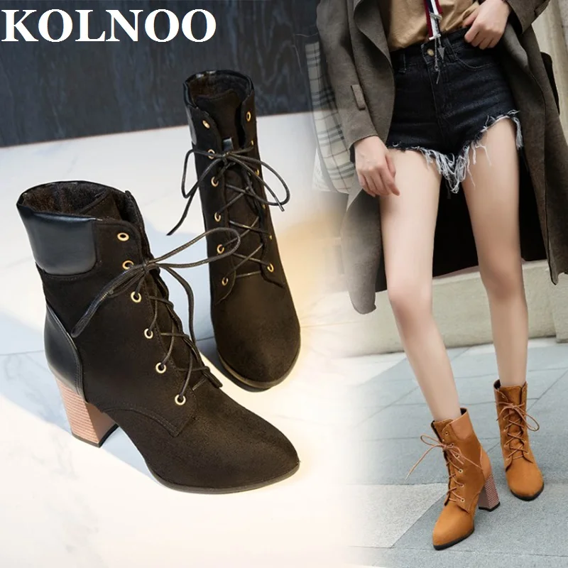 

KOLNOO Handmade Womens Retro Style Chunky Heels Boots Lace-Up Vintage Dress Ankle Booties Large Size 35-47 Fashion Winter Shoes
