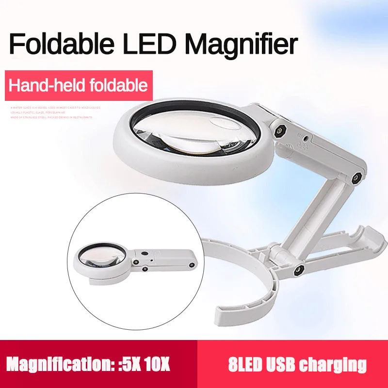 5X 10X Handheld Folding Lamp Loupe Magnifier Reading Portable Illuminated Magnifying Glass with 8 LED Lights for Newspaper
5X 10X Handheld Folding Lamp Loupe Magnifier Reading Portable Illuminated Magnifying Glass with 8 LED Lights for Newspaper
