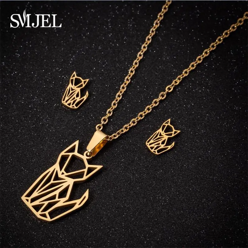 

SMJEL Stainless Steel Women's Necklace Origami Love Cat Dog Leaf Geometric Earrings Necklaces Statement Jewelry Sets Girls Gift