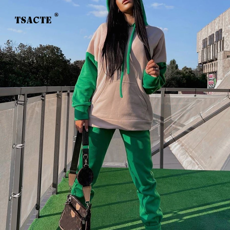 

Lady Fall New Women's Clothes Two-Piece Set Sport Trousers Suit Winter Fleece Pocket Panelled Hooded Casual Long-Pant Tracksuits