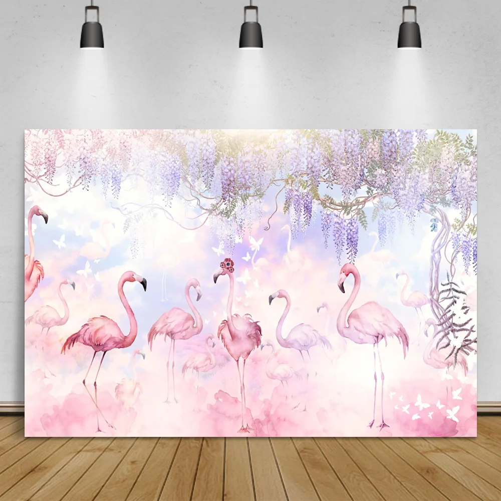 

Laeacco Dreamy Flamingo Baby Shower Birthday Photographic Backdrop Banner Flower Pink Clouds Child Portrait Photo Backgrounds