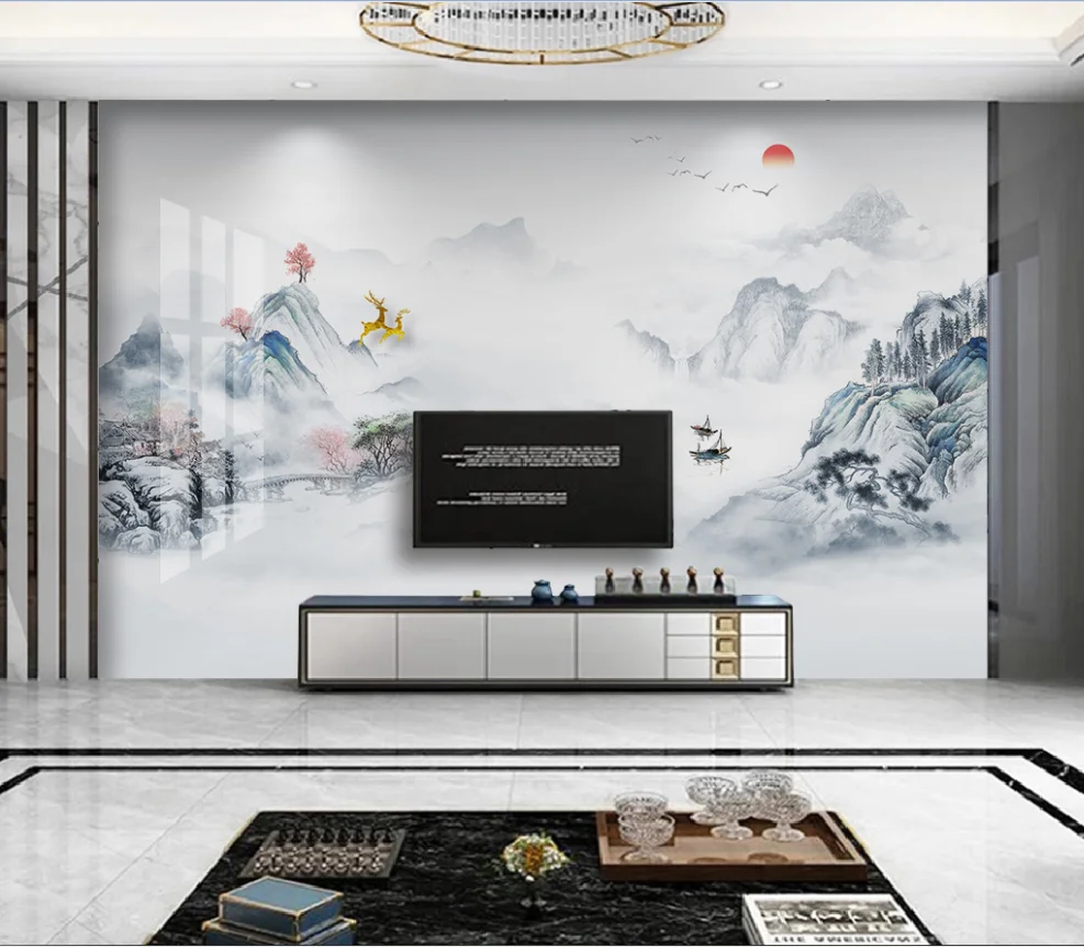 

Beautiful minimalist 3d new Chinese style marble artistic conception landscape bedroom living room background picture mural