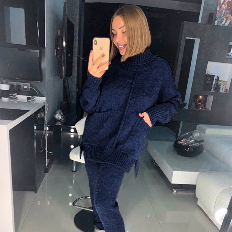 TYHRU Lady Autumn Knitting Two Piece Set Lined High Collar Pullovers Sweater with Pant Female Knit 2 Pcs Suits
TYHRU Lady Autumn Knitting Two Piece Set Lined High Collar Pullovers Sweater with Pant Female Knit 2 Pcs Suits
