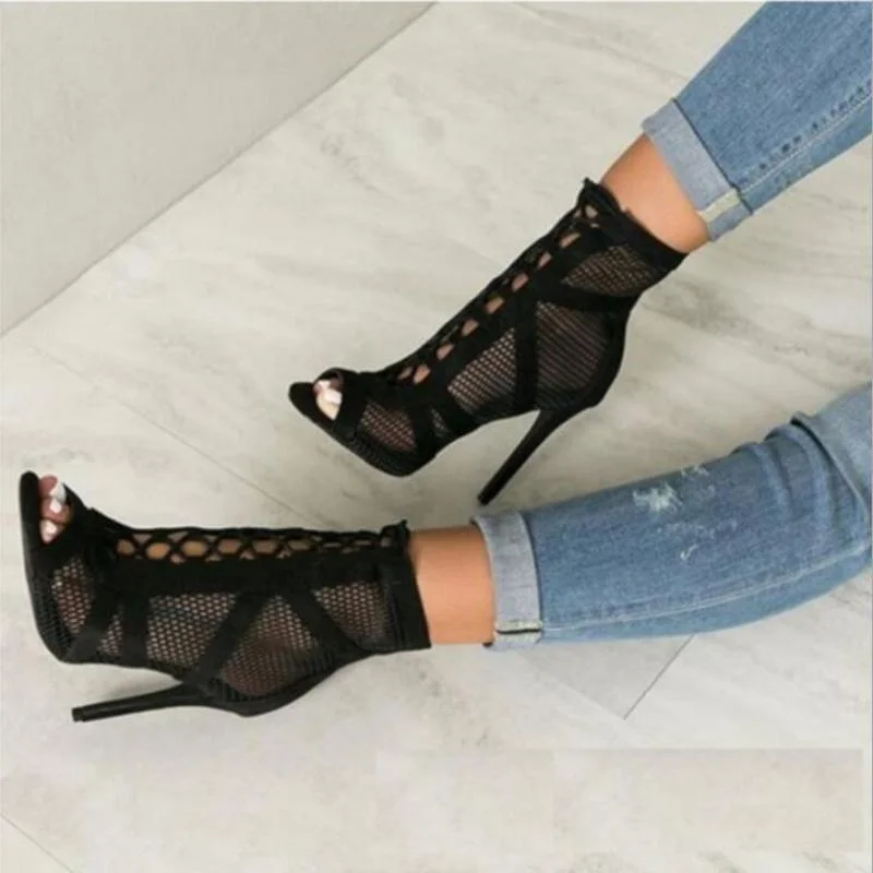 

Diamond Fashion Black Summer Sandals Lace Up Cross-tied Peep Toe High Heel Ankle Strap Net Surface Hollow Out Sandals 2021