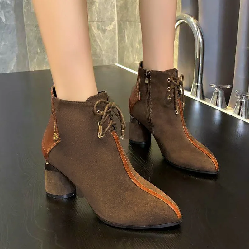 2019 Autumn And Winter New Style Korean-style High Heel Pointed Lace-up Short Boots Chunky Heel Suede Side Zipper Martin Boots B 
2019 Autumn And Winter New Style Korean-style High Heel Pointed Lace-up Short Boots Chunky Heel Suede Side Zipper Martin Boots B