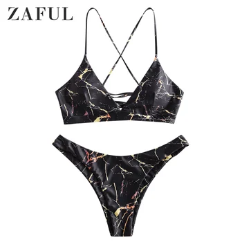 

ZAFUL Sexy Swimwear Marble Lace-Up Bikini Set Swimsuit Solid Wire Free Padded Low Waisted Women Beach Wear Beach Suit