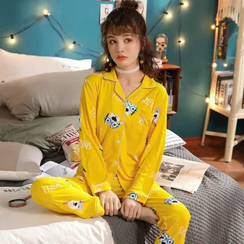 Womens Pajamas Sleepwear Long Sleeve Pajamas For Women V-collar Sleepwear Silk Pajama Set cute Women Winter Pyjama pijama mujer 
Womens Pajamas Sleepwear Long Sleeve Pajamas For Women V-collar Sleepwear Silk Pajama Set cute Women Winter Pyjama pijama mujer