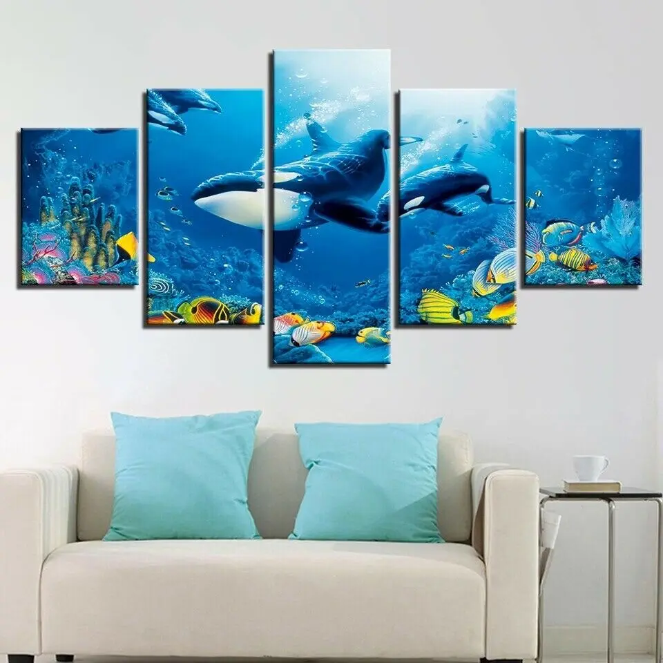 

Deep Blue Ocean Whale Goldfish 5 Panel Modular Paintings HD Prints Posters Canvas Wall Art Pictures For Living Room Home Decor