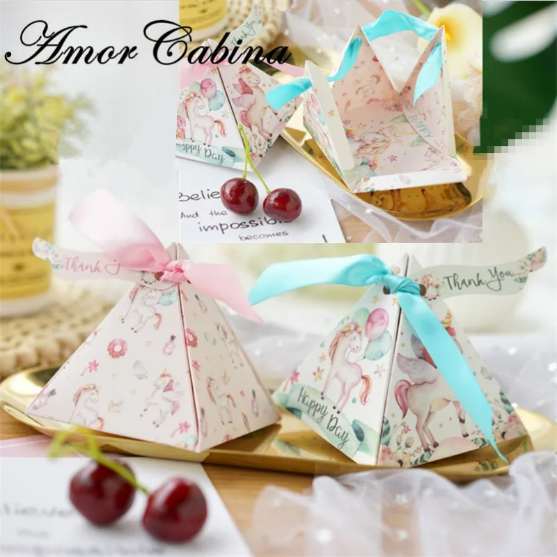 50pcs cartoon cute unicorn pyramid candy box wedding favor baby