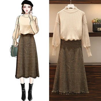 Bigger Sizes Thickening Knitting Sweater Woolen Plaid Skirts Suits Women Leisure Outfit Top Long Grid Skirts L-4XL Plus Size
Bigger Sizes Thickening Knitting Sweater Woolen Plaid Skirts Suits Women Leisure Outfit Top Long Grid Skirts L-4XL Plus Size
