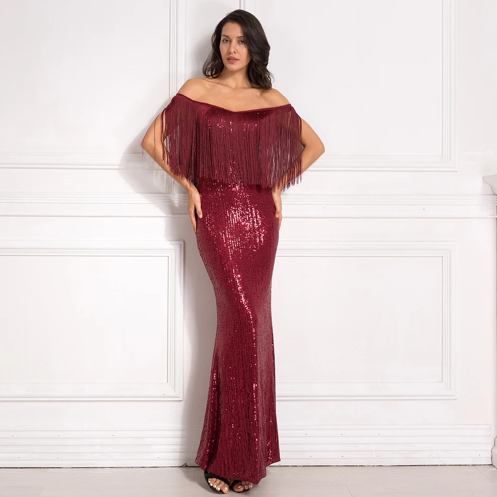Burgundy Tassel Slash Neck Patchwork Sequind Maxi Dress Off The Shoulder Autumn Night Party Dress
Burgundy Tassel Slash Neck Patchwork Sequind Maxi Dress Off The Shoulder Autumn Night Party Dress