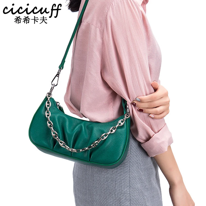 

Thick Chain Dumpling Handbag Women Genuine Leather Shoulder Crossbody Bag Fashion Underarm Bag Designer Brand Ruched Cloud Bag