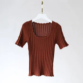 Three Color Women Knit T-shirt Short Sleeve Simple U Collar Sweet Style Wild Tees
Three Color Women Knit T-shirt Short Sleeve Simple U Collar Sweet Style Wild Tees