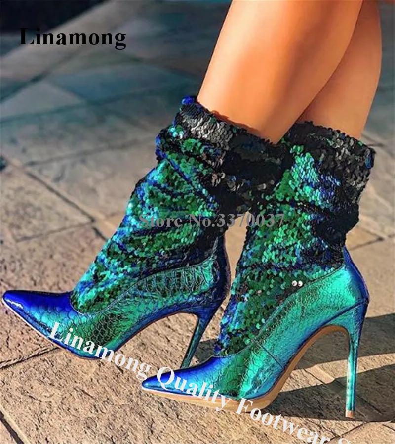 

Linamong Shining Pointed Toe Blue Snake Leather Patchwork Sequined Short Boots Bling Bling Slip-on Stiletto Heel Ankle Booties