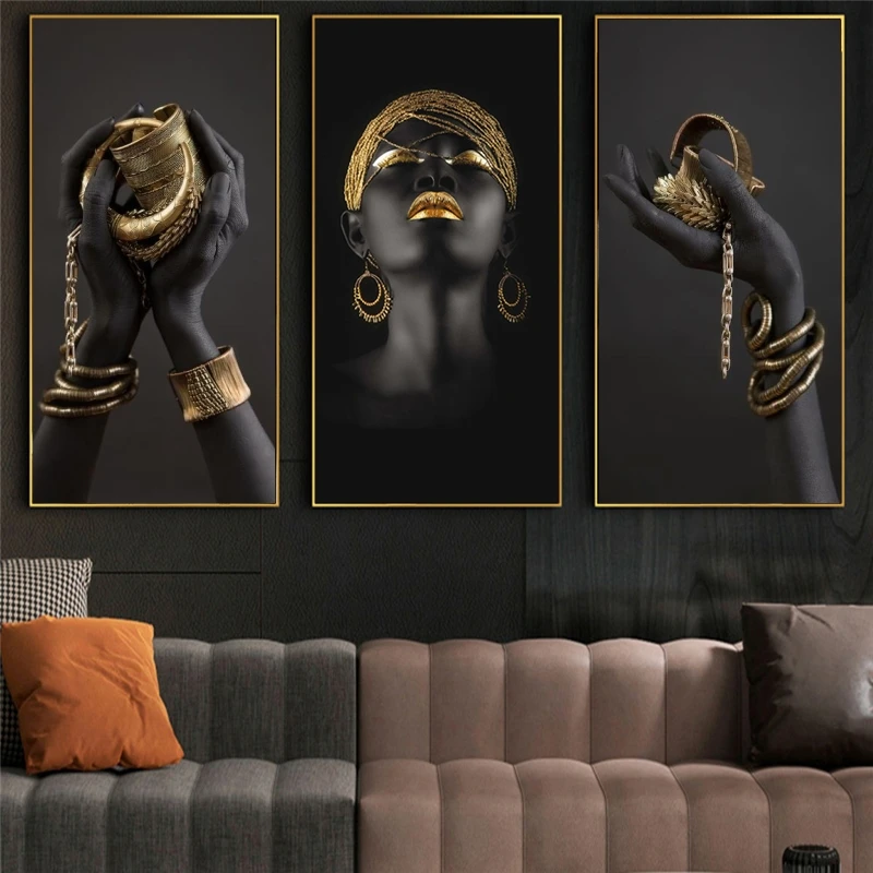 

African Woman Art Paintings On the Wall Art Posters And Prints Black Hands Holding Golden Jewellery Canvas Pictures Home Decor