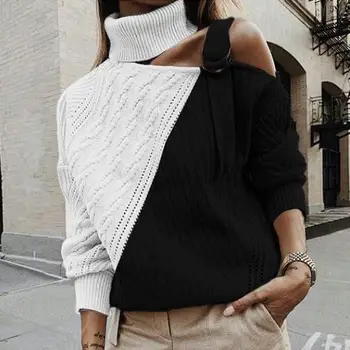 Patchwork Sexy Turtleneck Sweater Women Off Shoulder Buckle Knitted Pullover Autumn Winter Long Sleeve Jumper
Patchwork Sexy Turtleneck Sweater Women Off Shoulder Buckle Knitted Pullover Autumn Winter Long Sleeve Jumper