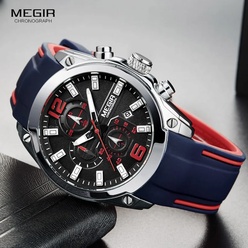 

Megir Men's Chronograph Analog Quartz Watch Date Luminous Hands Waterproof Silicone Rubber Strap Wristswatch Relogio Masculino