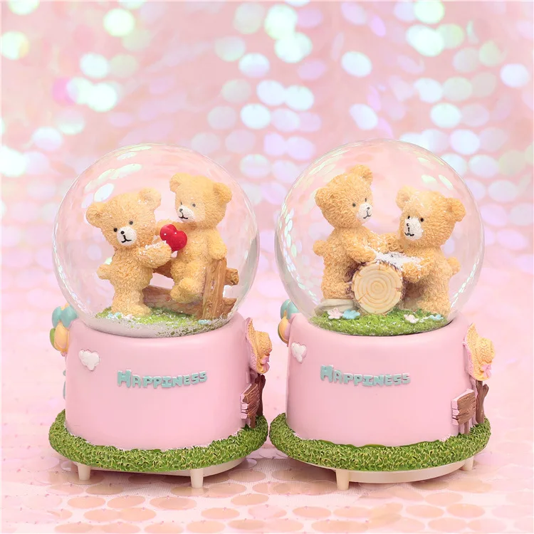 box rotating music box snow colorful lights couples bear crystal