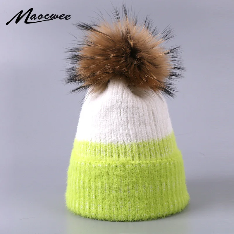 

Winter Female Real Fur Pom Poms Hat For Women Men Knitted Crochet Beanie Ski Cap Warm Thick Outdoor Solid Color Skullies Beanies