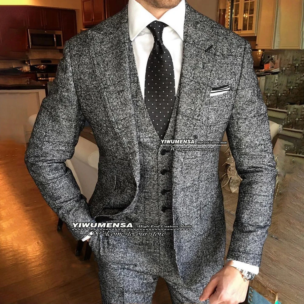 

Fashion Suits Men Tweed Houndstooth Wool Blended Terno Masculino 3 Pieces Formal Wedding Tuxedos Dinner Party Prom Dress Blazers