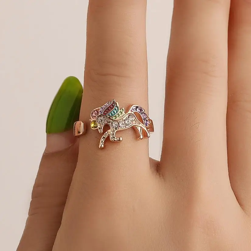 Высокое качество регулируемый Единорог кольцо с украшением в виде кристаллов