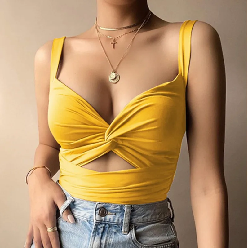 

Knotted Elastic Lac Women Crop Top Vest Workout Summer Clothing Fashion Solid Color Hollow Out Vests V-Neck Halter Strap Outfit