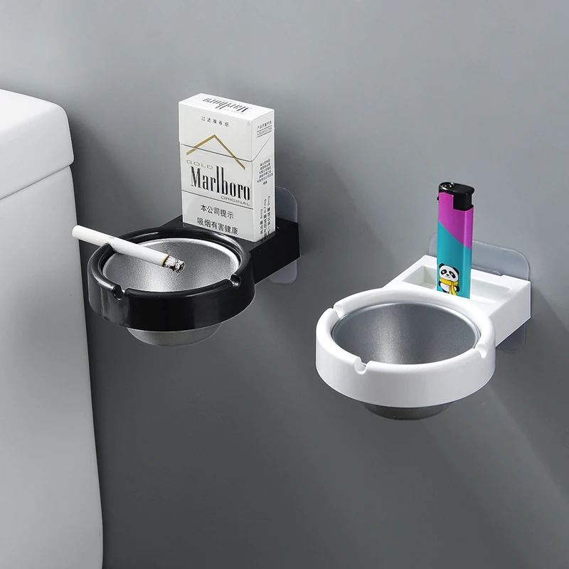 

New Wall-mounted Ashtray Toilet Wall Cigarette Shelf Stainless Steel Round Portable Ashtrays Creative Home Gadgets Sticker