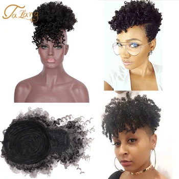 

TALANG Afro Kinky Curly Hair Bun Chignon With Bang Synthetic Puff Ponytail Bun With Bangs Clip in Hair Ponytail Extensions