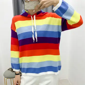 2020 early autumn new fashion rainbow striped casual hooded top loose and thin knitted pullover
2020 early autumn new fashion rainbow striped casual hooded top loose and thin knitted pullover