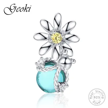 

Geoki DIY Jewelry Blue CZ Daisy Charms fit Original Pandora Bracelet 925 Sterling Silver Zircon Sunflower Beads for Necklace