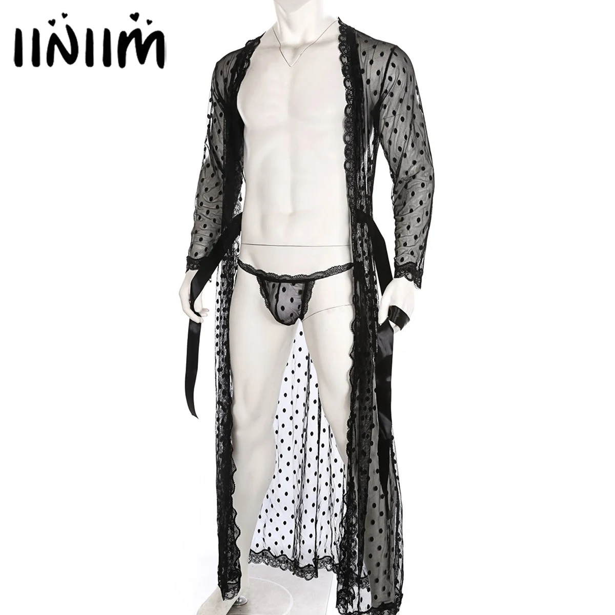 

Men Dot Exotic Lingerie Nightwear See-through Mesh Lace Trim Kimono Bathrobe Belted Night-Gown with Lace-up G-string Babydolls