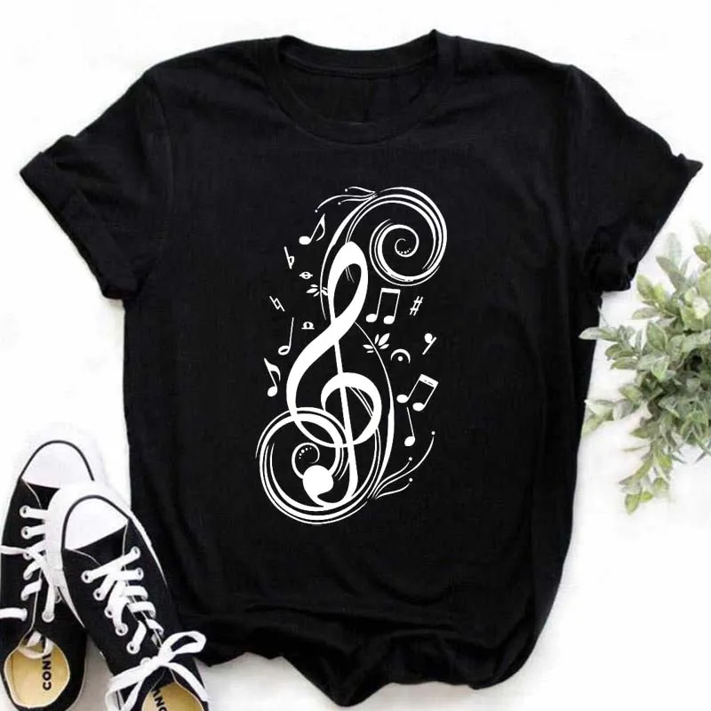 Фото Женская футболка Maycaur в стиле Харадзюку топы с принтом музыкальных нот женская