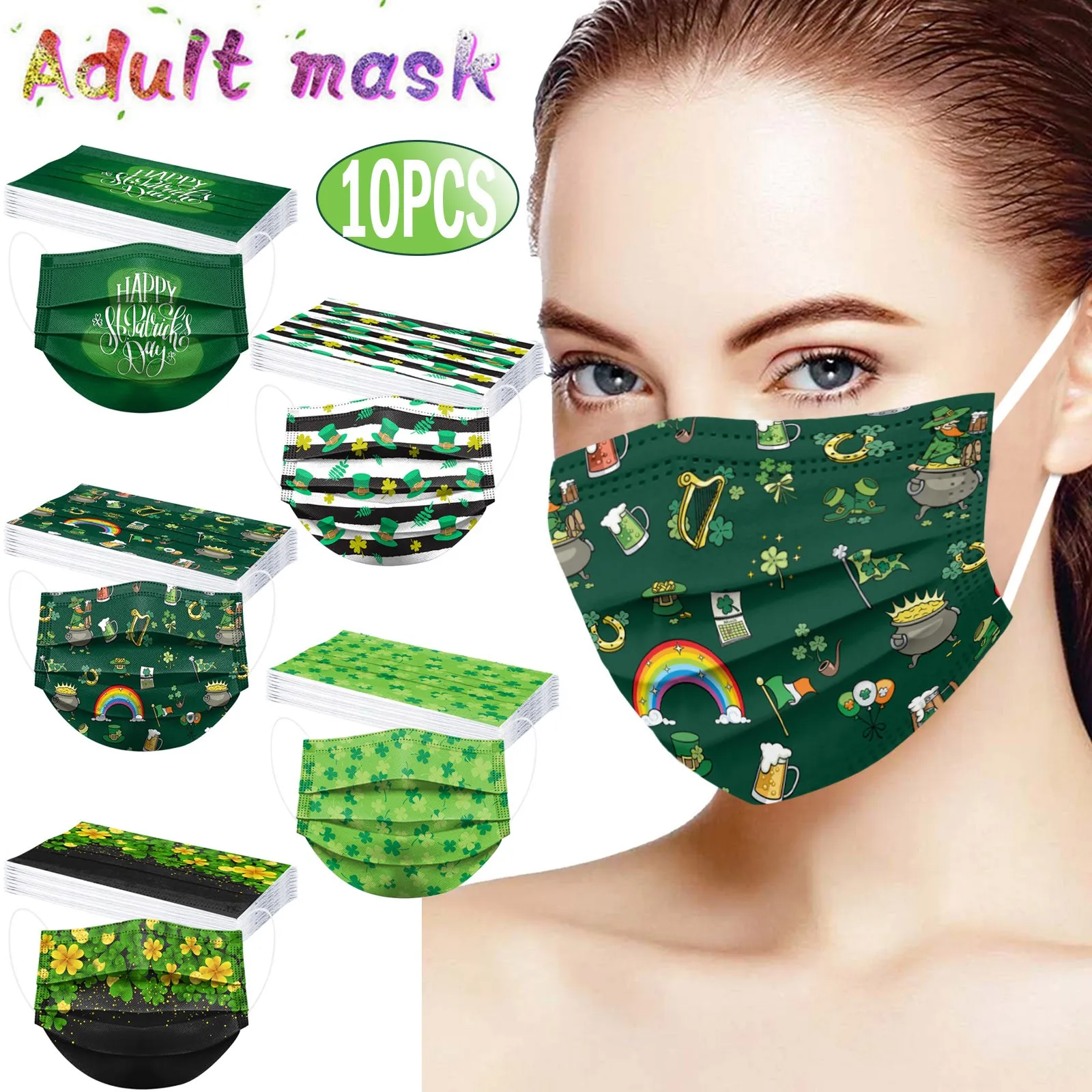 

10/20/30pcs Adult St. Patrick' Day Disposable Face Mask 3 Ply Earloop Masks Mascarillas Dustproof Mouth Mask Masque Facial Mask