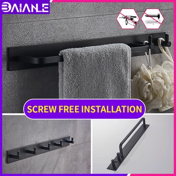 toilet towel bar with hooks black wall mounted screw free installation Bedroom living room bathroom shelf storage rack holder 
toilet towel bar with hooks black wall mounted screw free installation Bedroom living room bathroom shelf storage rack holder