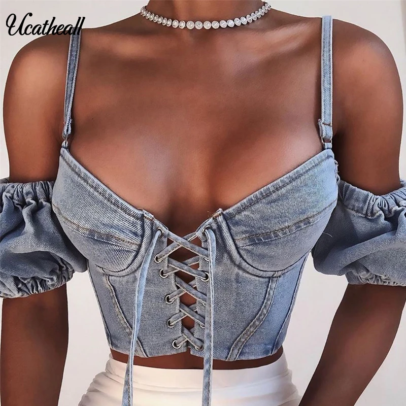 Sexy Denim Women Ladies Top Female Front Lace Up Elegant Puff Sleeve Jeans Autumn Backless Short Crop Tops
Sexy Denim Women Ladies Top Female Front Lace Up Elegant Puff Sleeve Jeans Autumn Backless Short Crop Tops