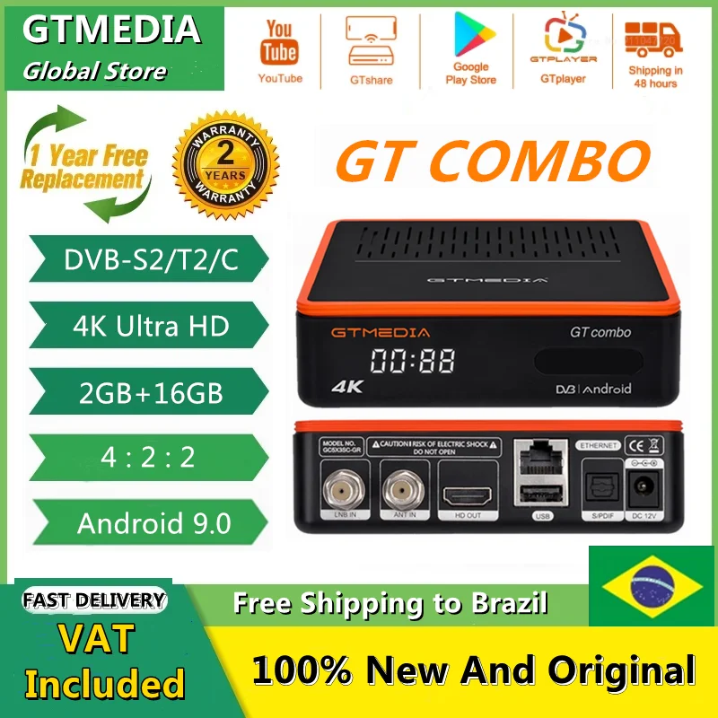 GTMEDIA GT Combo 4K 8K Android 9.0 Smart TV BOX DVB-S2 T2 Cable 2G+16G Satellite Receiver Support M3U Ccam Built In Wifi PK GTC |