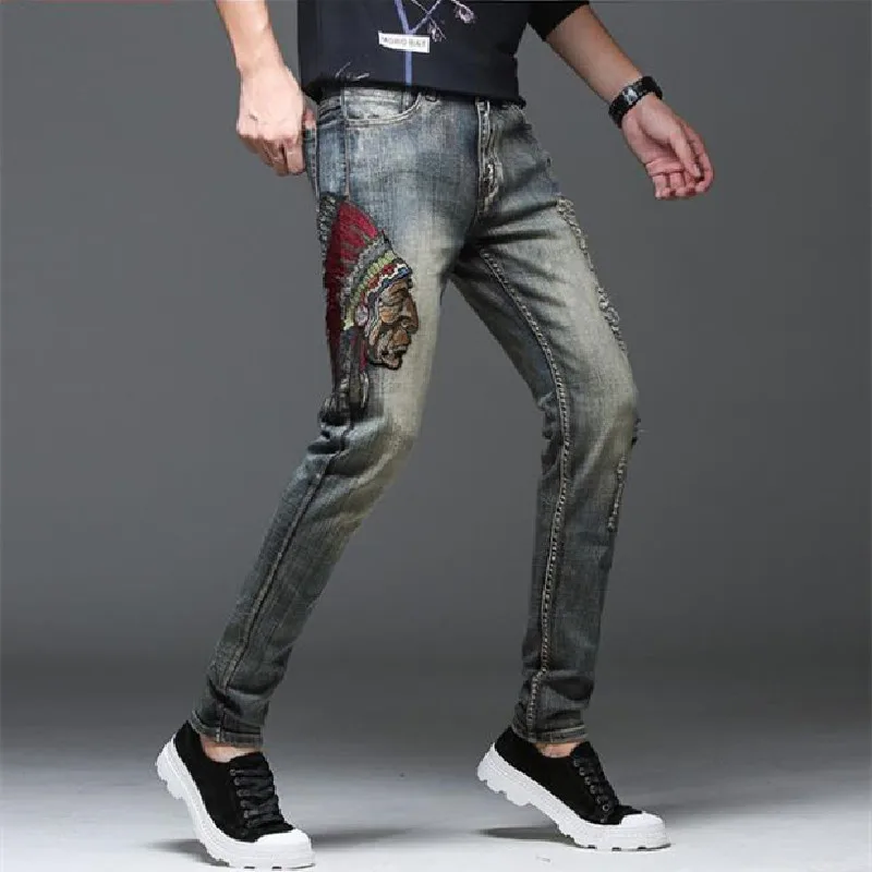 Men's Jeans New Autumn Winter European And American Fashion Blue Embroidery Lndian Men's Elastic Jeans Simple Casual Pants 
Men's Jeans New Autumn Winter European And American Fashion Blue Embroidery Lndian Men's Elastic Jeans Simple Casual Pants
