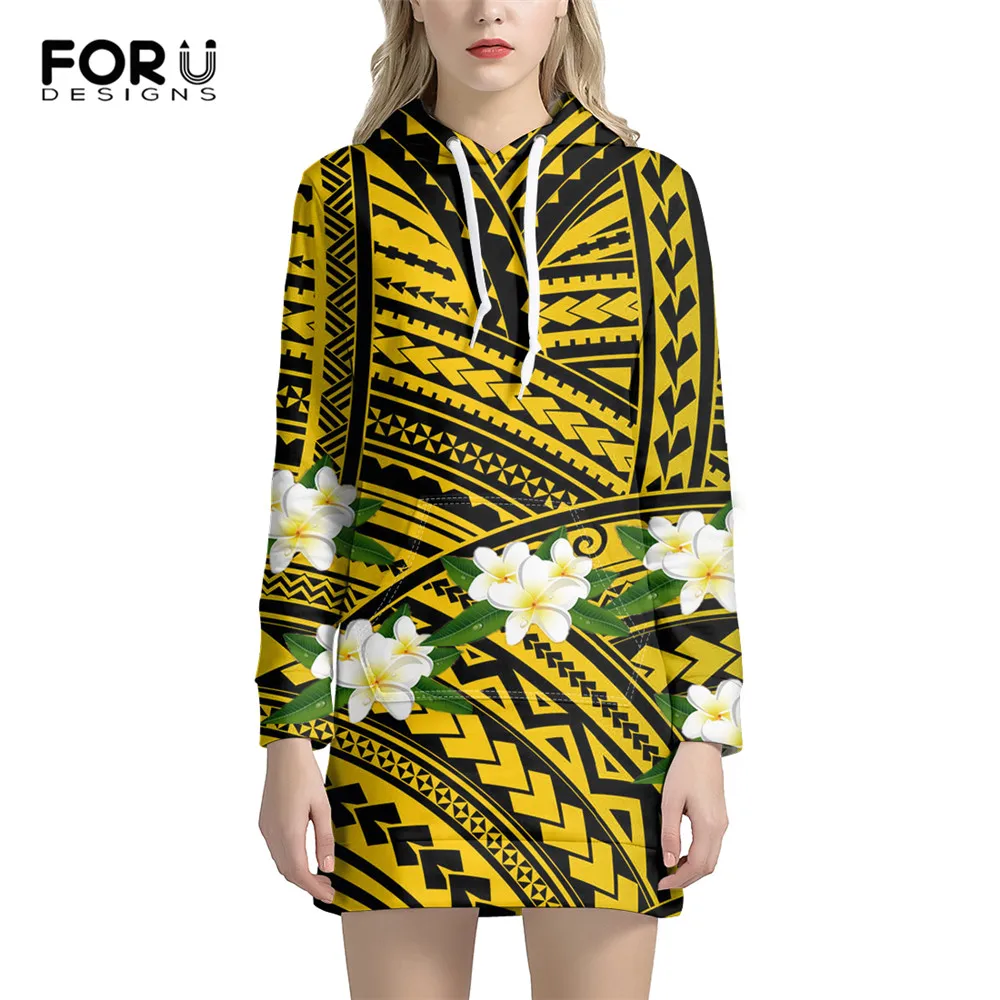 

FORUDESIGNS Ladies Long Sleeve Pullovers Dress Polynesian Tribal Plumeria Hibiscus Pattern Casual Loose Hoodies Female Clothing