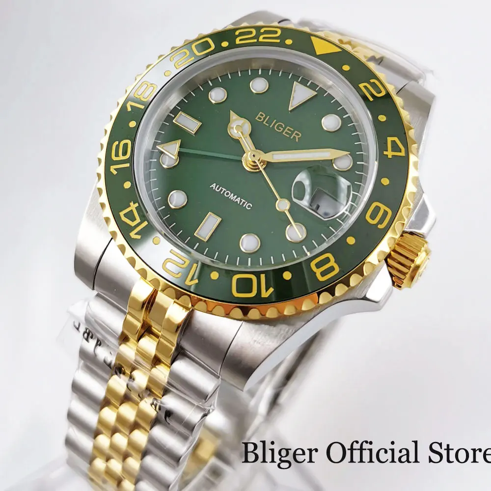 BLIGER Fashional Green Self Winding Men Watch Sapphire Glass Gold Coated Jubilee Band GMT Hand Rotating Bezel 
BLIGER Fashional Green Self Winding Men Watch Sapphire Glass Gold Coated Jubilee Band GMT Hand Rotating Bezel