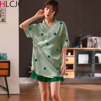 Kimono Pajamas for Women Summer Ice Silk Short Sleeve Shorts Thin Japanese household Suit Pyjamas Femme Satin Pijama Mujer 2020
Kimono Pajamas for Women Summer Ice Silk Short Sleeve Shorts Thin Japanese household Suit Pyjamas Femme Satin Pijama Mujer 2020