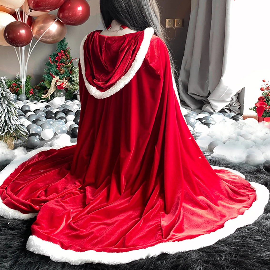 

Women Christmas Xmas Halloween Party Miss Lady Santa Claus Cosplay Costume Winter Red Pink Long Thick Cape Pink Red Cloak