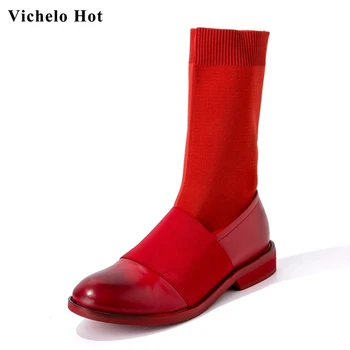 Vichelo Hot big size unique cow leather stretch knitting socks boots med heels round toe winter women fashion mid-calf boots L23
Vichelo Hot big size unique cow leather stretch knitting socks boots med heels round toe winter women fashion mid-calf boots L23