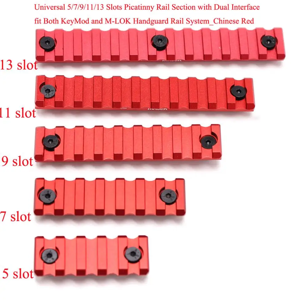 

Trirock Red Color Universal 5/7/9/11/13 Slot Picatinny Rail Section with Dual Interface Fit Both Keymod and M-LOK handguard Rail