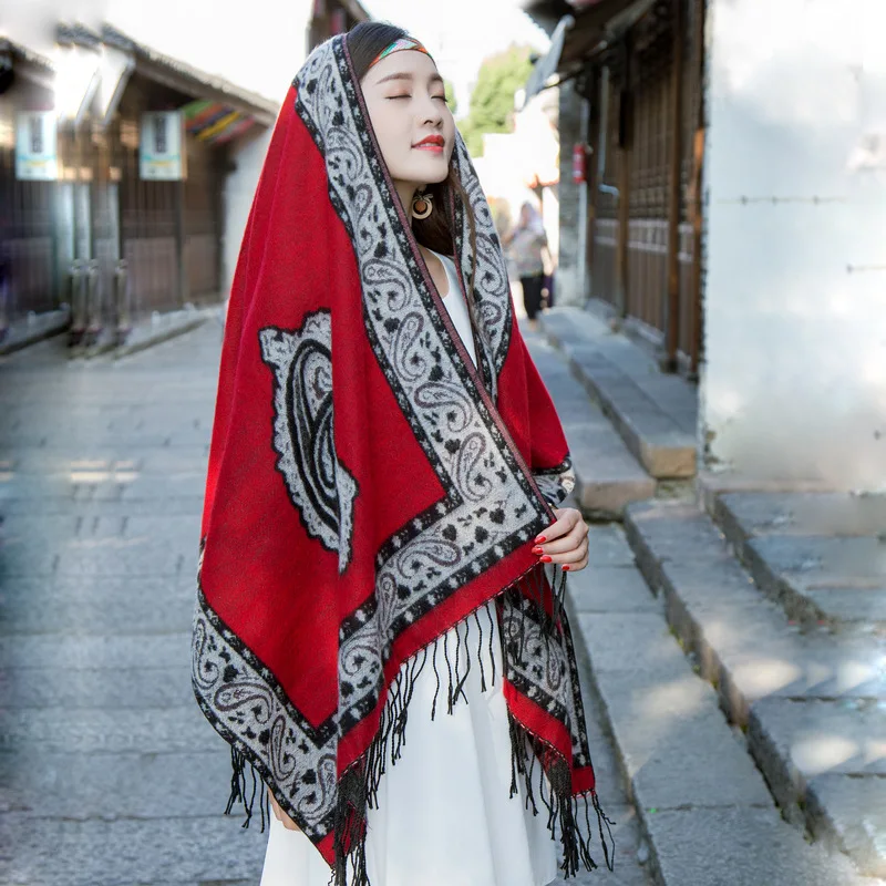 Фото Explosion models fall and winter thick warm Hanfu split Tibetan style national wind scarf Nepal Tibet Qinghai travel large shawl |