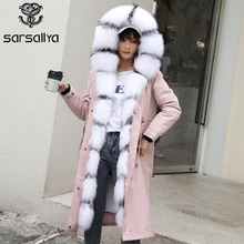 Casaco de pele de raposa parka capuz inverno feminino casacos parka longo moda real casaco de pele parka para senhoras quente grosso solto 2019 tamanho grande(China)