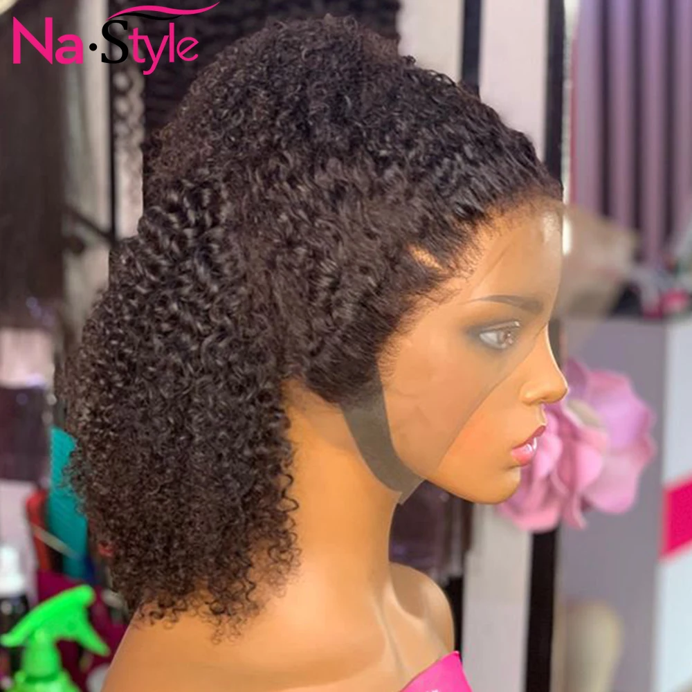 afro kinky curly wig pre plucked with baby hair remy short human wigs bleached knots 150% density 13x4 frontal | Шиньоны и парики