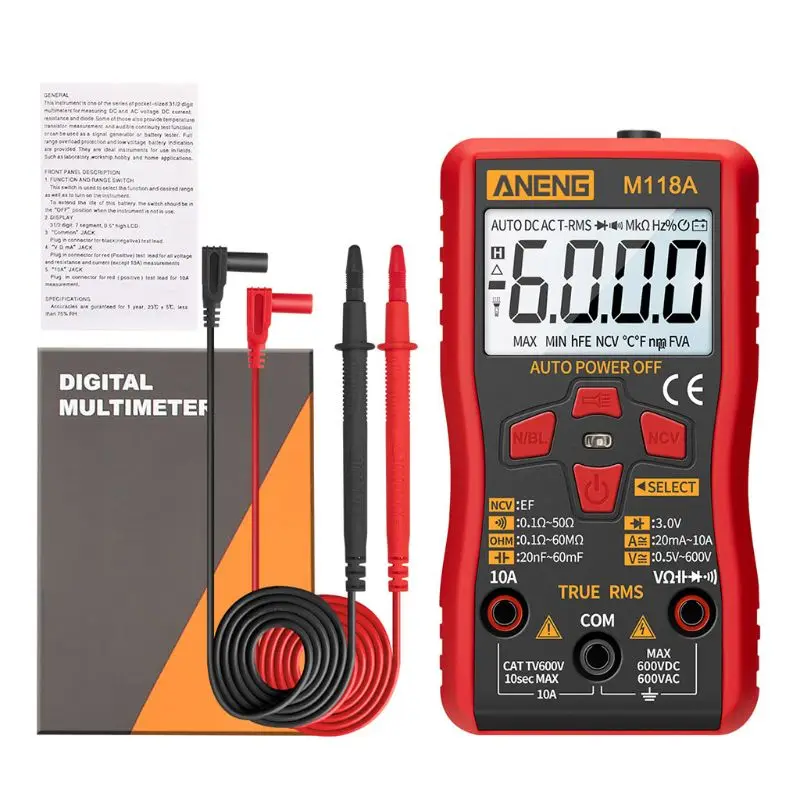 

M118A Digital Multimeter 6000 Counts Auto Ranging True RMS Tester AC DC Transistor with NCV Data Hold Flashlight