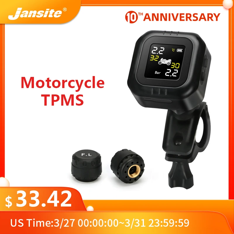 Jansite TPMS Motorcycle Tire Pressure Alarm Monitor System Display Temperature Warning with two sensors handlebar installation
Jansite TPMS Motorcycle Tire Pressure Alarm Monitor System Display Temperature Warning with two sensors handlebar installation